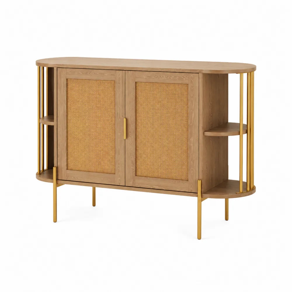 Sideboard aus Eiche mit Rattantüren und goldenen Metallbeinen