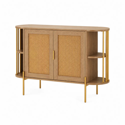 Sideboard aus Eiche mit Rattantüren und goldenen Metallbeinen