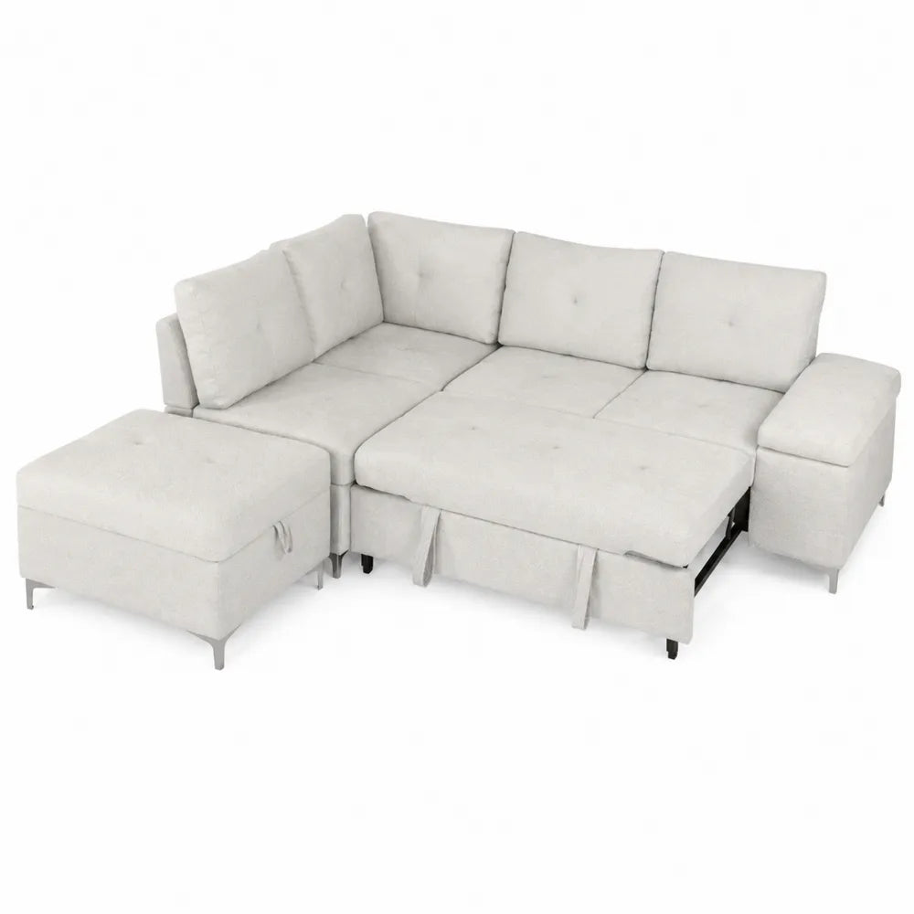Ecksofa mit Schlaffunktion und Ottomane Beige Stoff L-Form