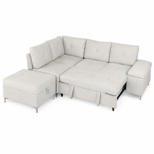 Ecksofa mit Schlaffunktion und Ottomane Beige Stoff L-Form