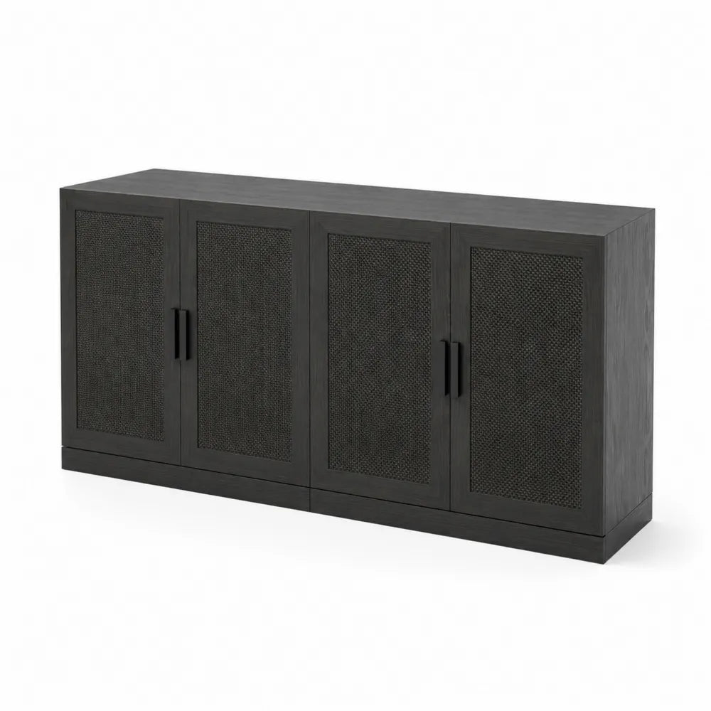Schwarzer Holzschrank mit Rattan-Türen, 160 cm